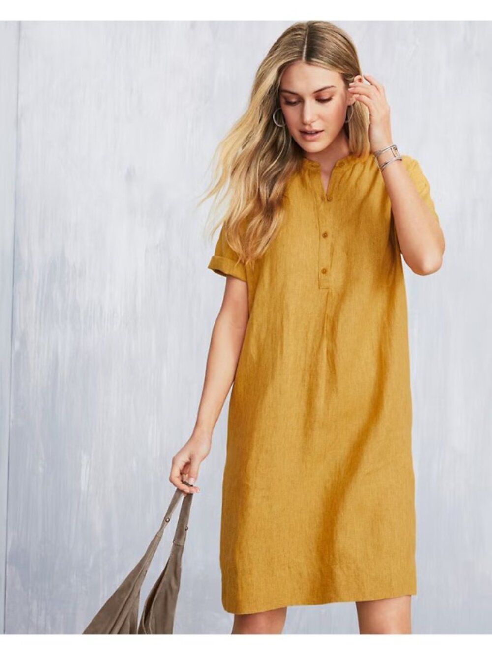 EUC EILEEN FISHER Washed-Organic-Linen Délavé Short-Slv Dress gold womens M